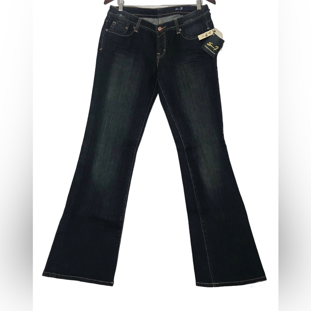 NEW Seven7 Blue Denim Dark Wash Whiskered Button Zip Flare Jeans Womens Sz 30